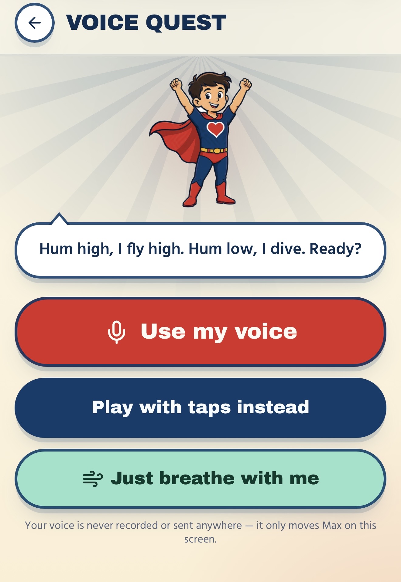 Voice Quest screen in the Mighty Max Force app
