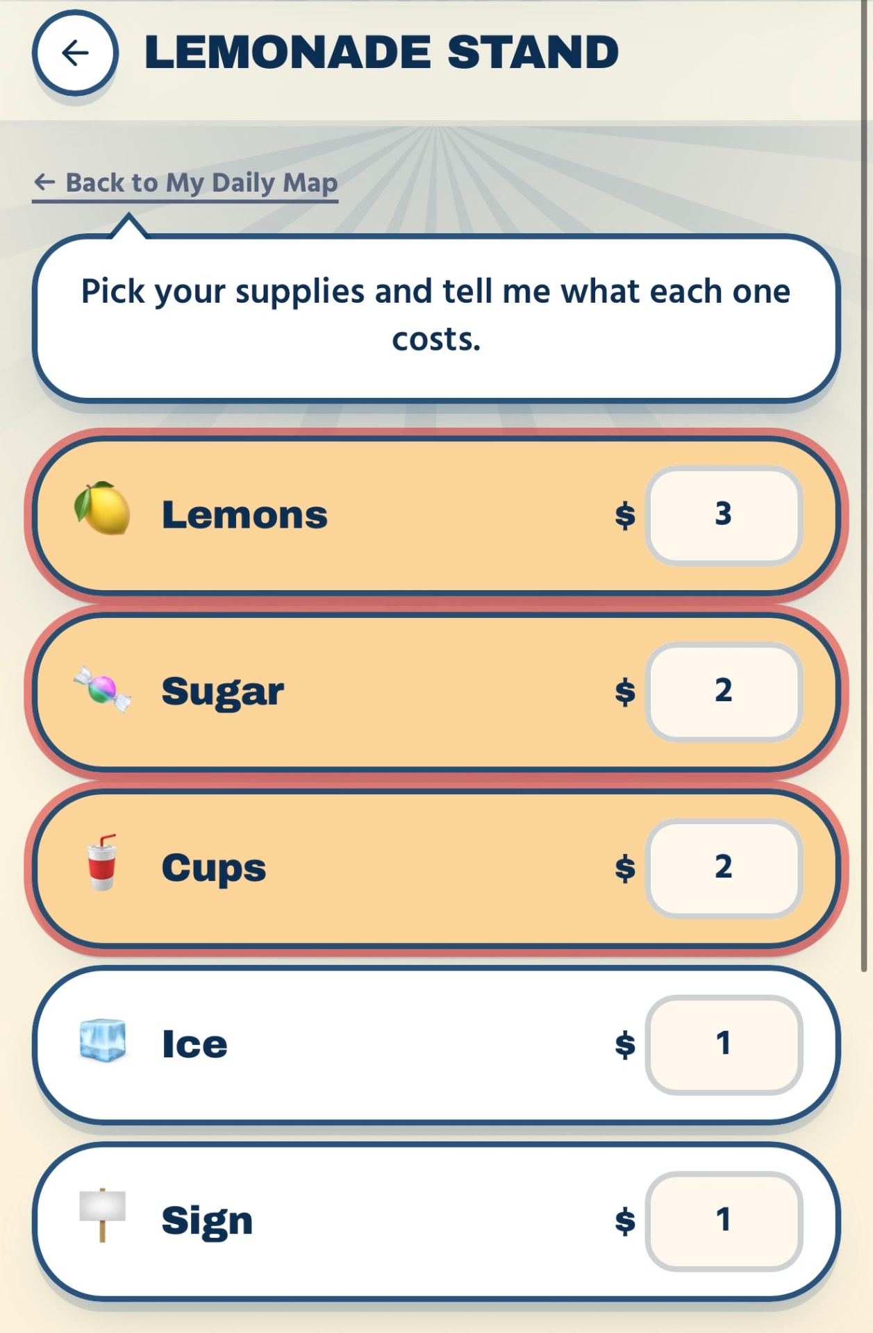 Lemonade Stand screen in the Mighty Max Force app